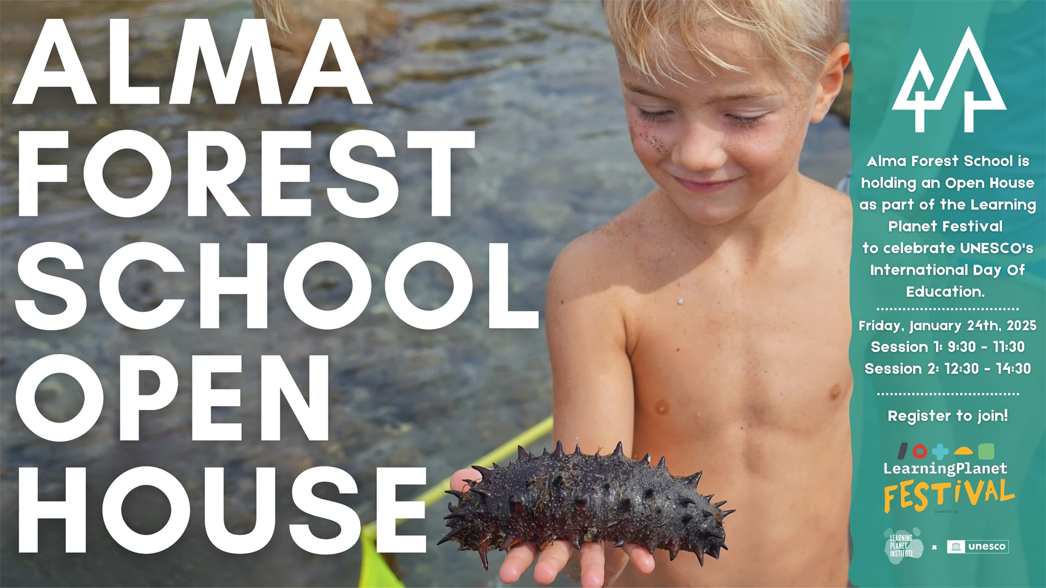 January 24th Open House poster featuring a child holding a shellfish.